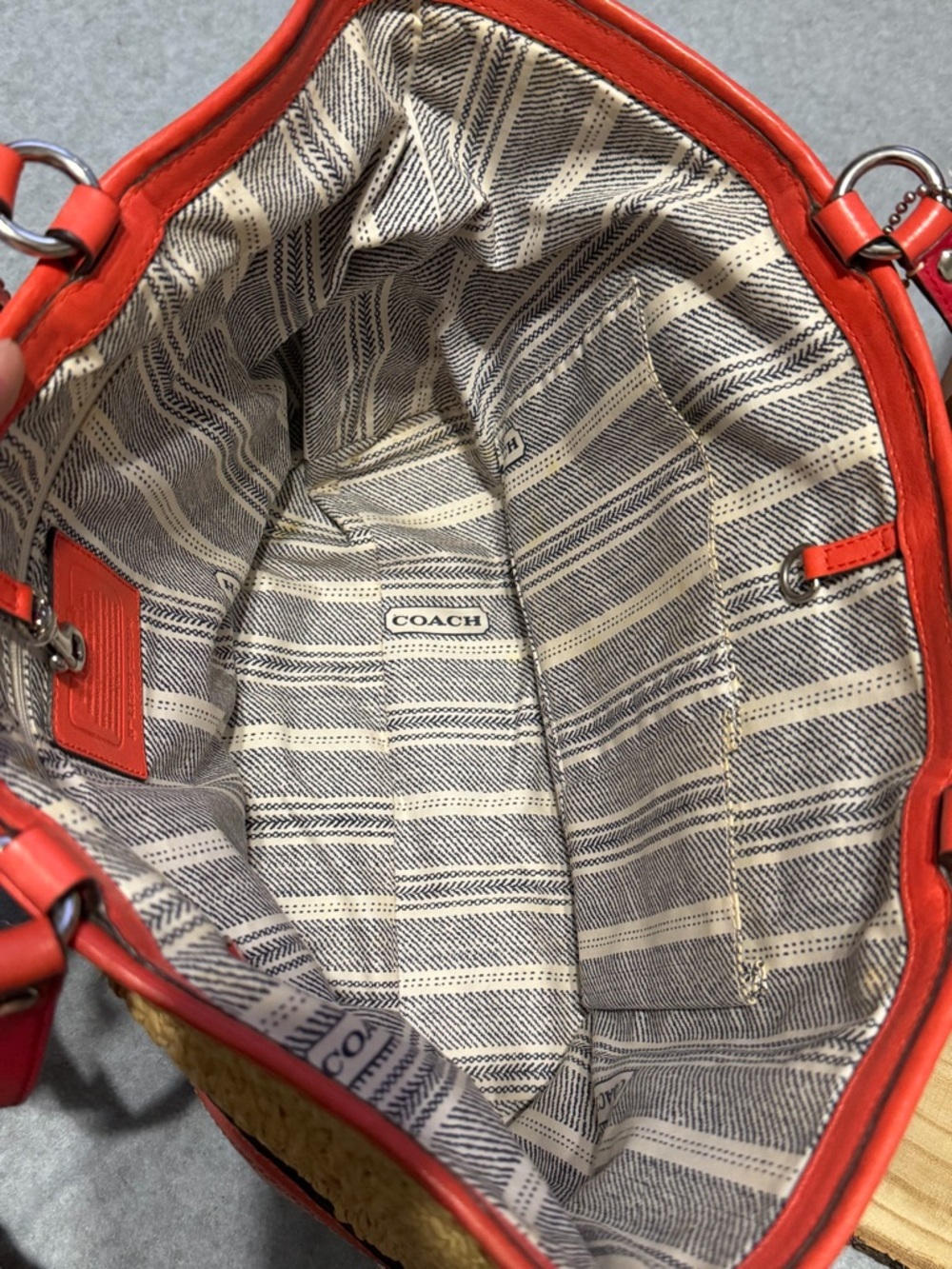 Coach Raffia Straw Tote Bag with Red & Orange Leather Trim Purse - Picture 9 of 15